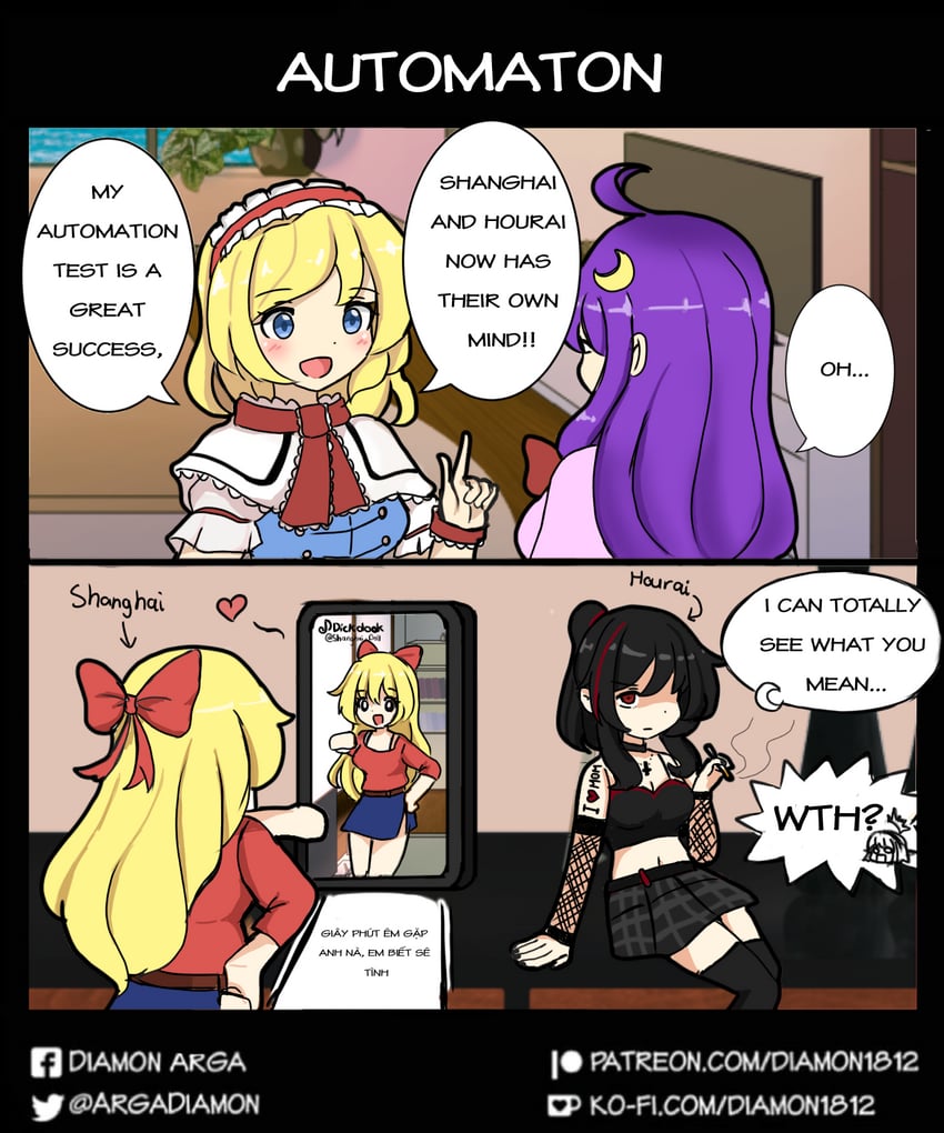 alice margatroid, patchouli knowledge, shanghai doll, and hourai doll (touhou and 1 more) drawn by diamon_arga