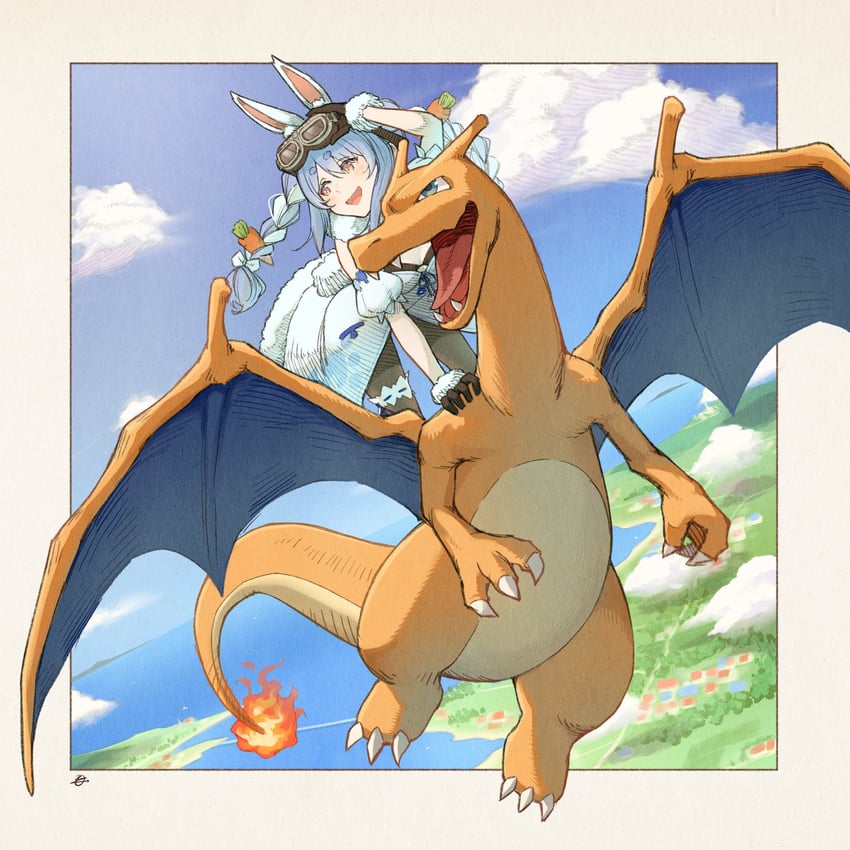 usada pekora and charizard (pokemon and 1 more) drawn by moto_oji-san