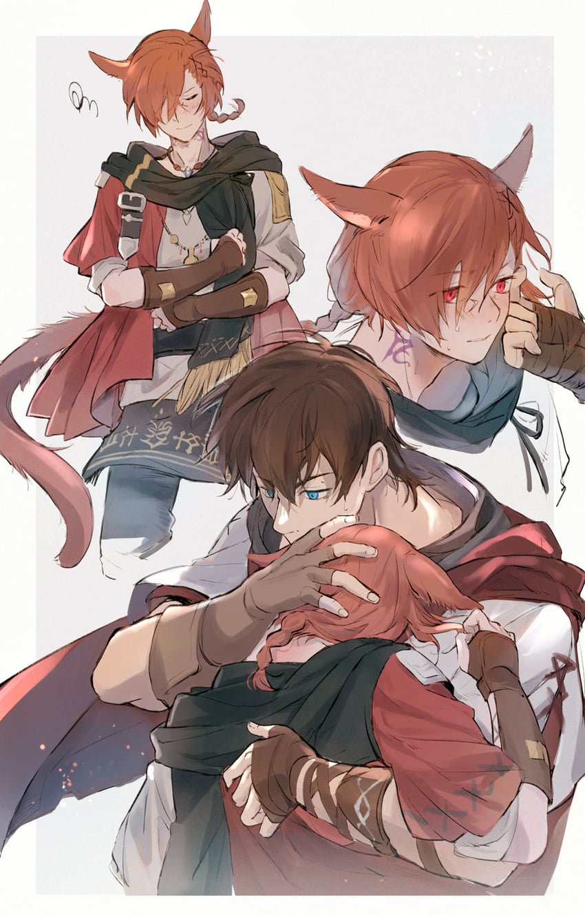 warrior of light, g'raha tia, and adventurer (final fantasy and 1 more) drawn by mid.m