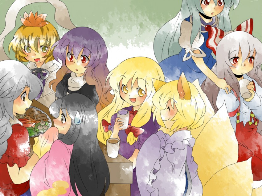 yakumo yukari, fujiwara no mokou, yakumo ran, kamishirasawa keine, houraisan kaguya, and 3 more (touhou) drawn by hammer_(sunset_beach)