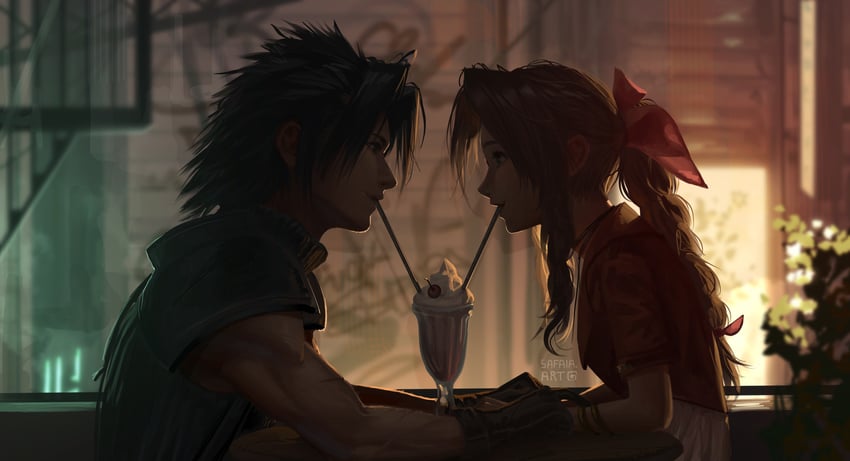 aerith gainsborough and zack fair (final fantasy and 3 more) drawn by safaia