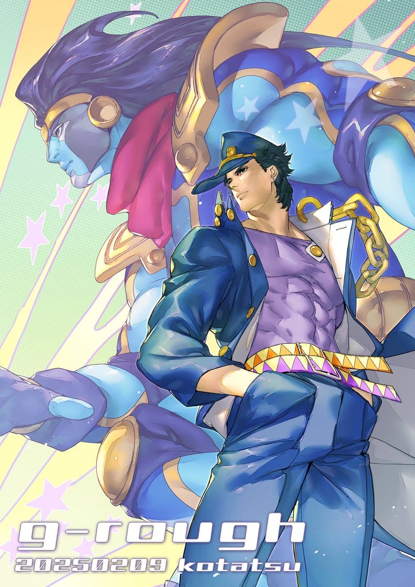 kujo jotaro and star platinum (jojo no kimyou na bouken and 1 more) drawn by kotatsu_(g-rough)
