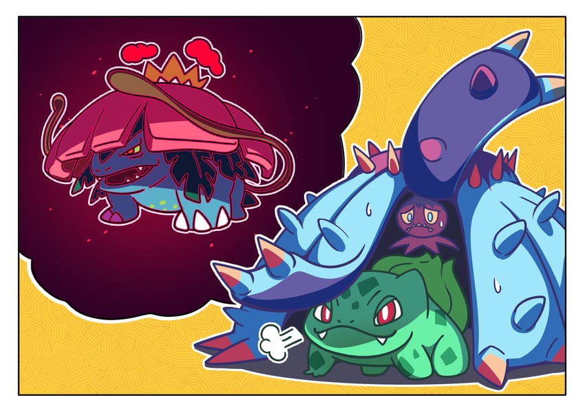bulbasaur, venusaur, toxapex, and gigantamax venusaur (pokemon) drawn by fukidashi_cotton