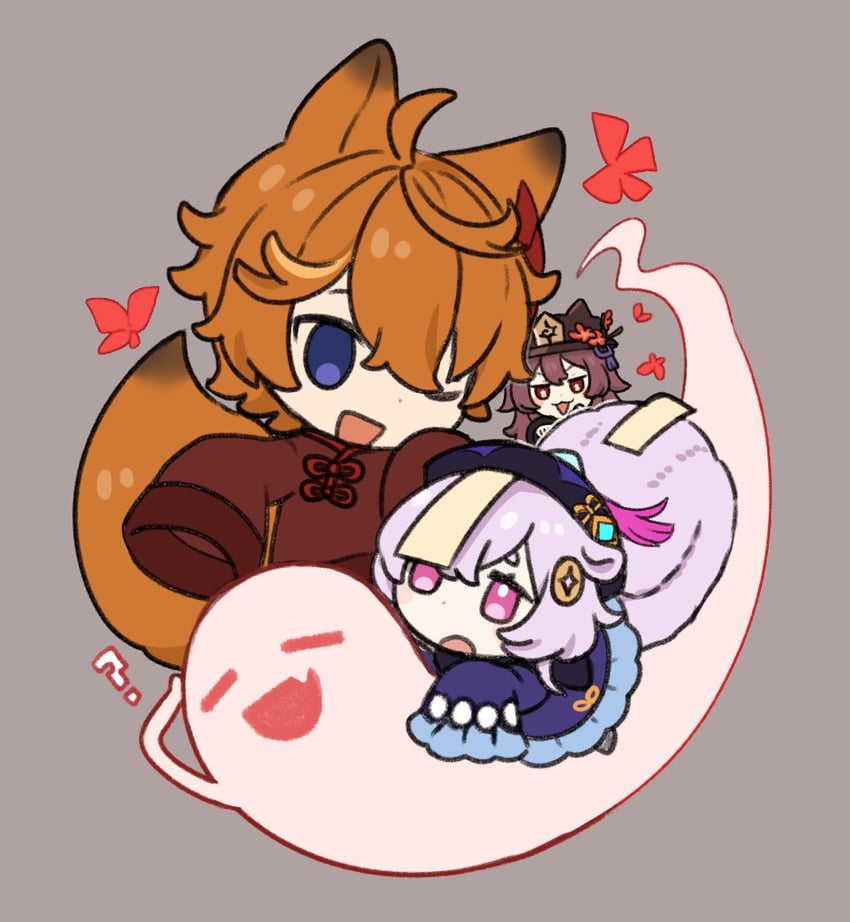 hu tao, tartaglia, boo tao, and qiqi (genshin impact) drawn by marimo_jh