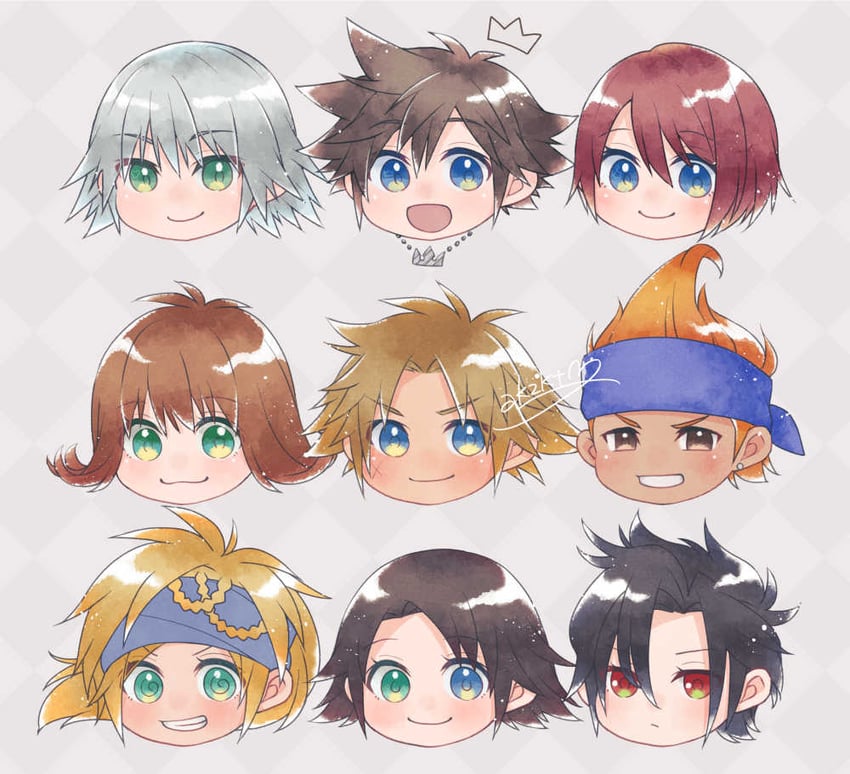 sora, yuna, kairi, riku, tidus, and 4 more (final fantasy and 5 more) drawn by akzk_kh