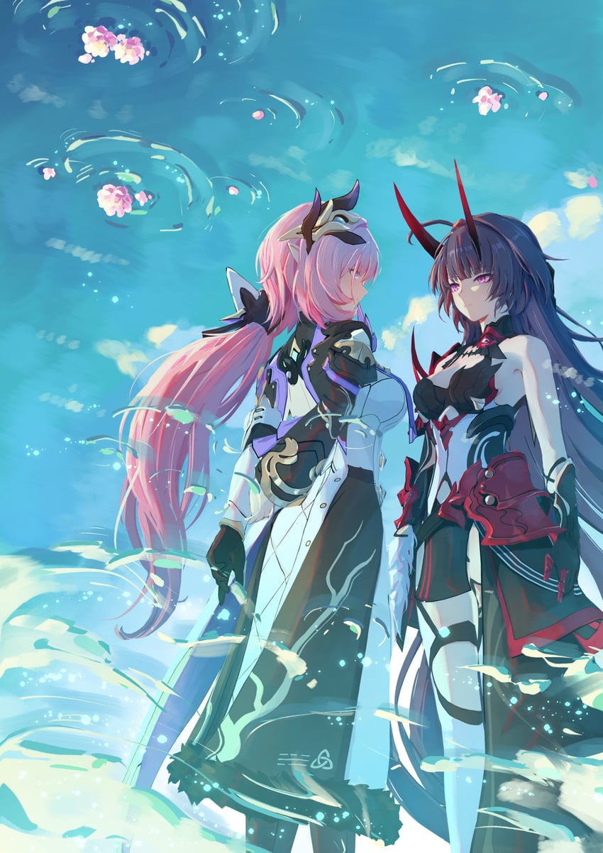 elysia and raiden mei (honkai and 1 more) drawn by sen_jin_chen