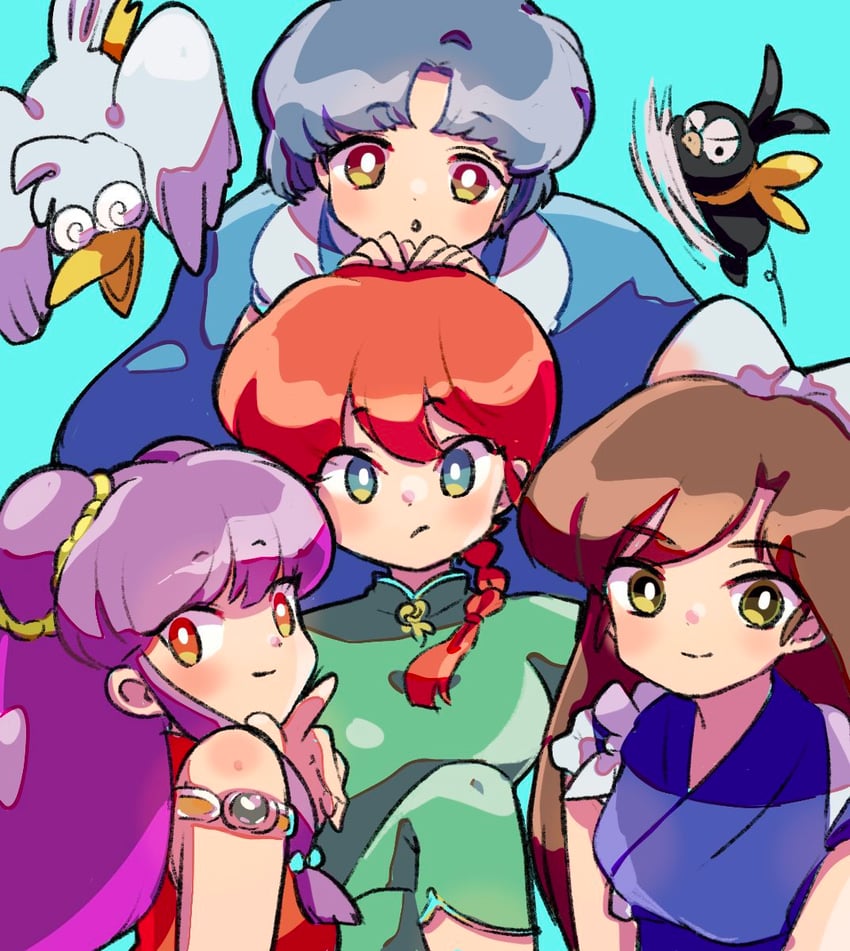 ranma-chan, shampoo, tendou akane, p-chan, kuonji ukyou, and 1 more (ranma 1/2) drawn by tmur2022