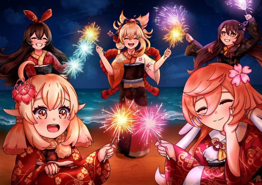 hu tao, klee, yoimiya, amber, and yanfei (genshin impact) drawn by yumie_tsuchinoko_(artist)