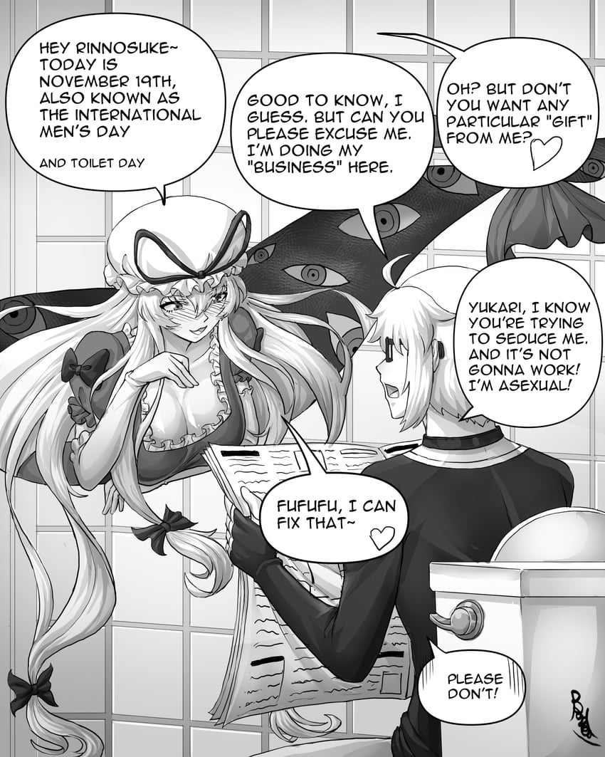 yakumo yukari and morichika rinnosuke (touhou) drawn by buhbuhbored