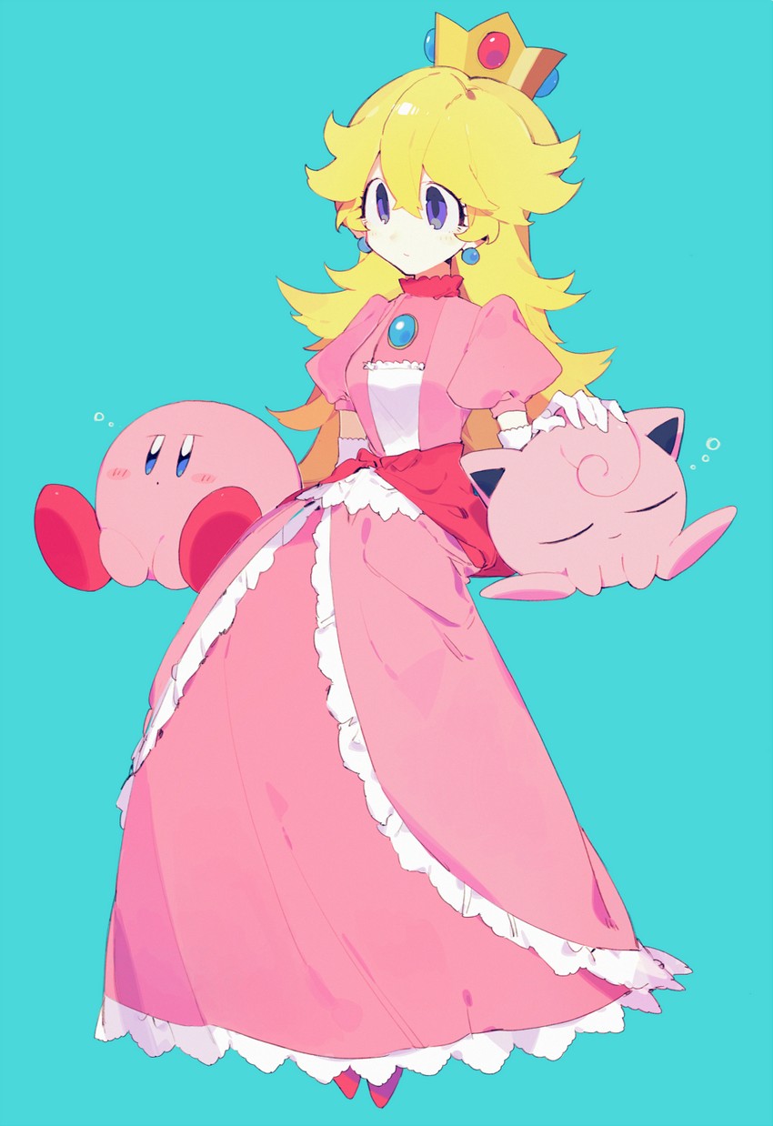 kirby, princess peach, and jigglypuff (pokemon and 3 more) drawn by higa423