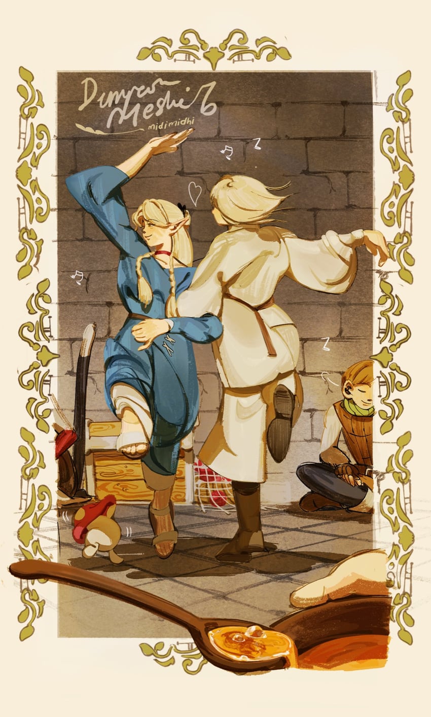 marcille donato, falin touden, chilchuck tims, and izutsumi (dungeon meshi) drawn by midimidhi