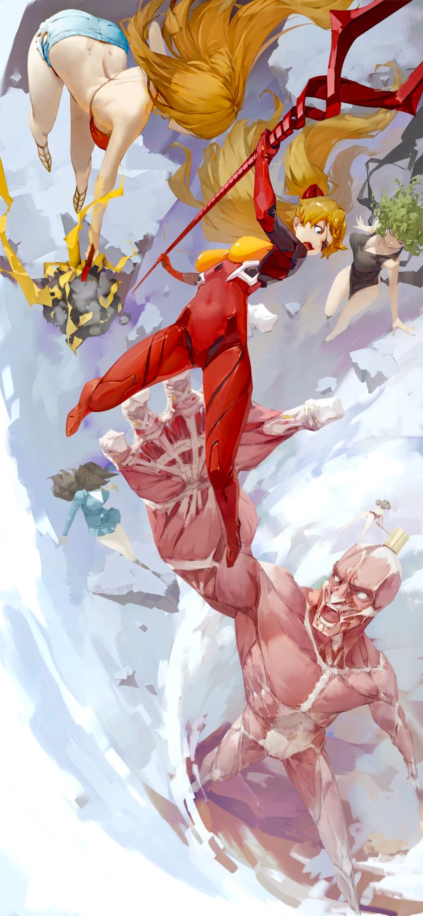 souryuu asuka langley, nami, tatsumaki, titan, mouri ran, and 1 more (one piece and 4 more) drawn by b.bor