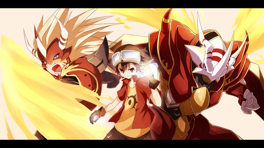 kanbara takuya, agnimon, and vritramon (digimon and 1 more) drawn by lemon_(wzcrybmi)