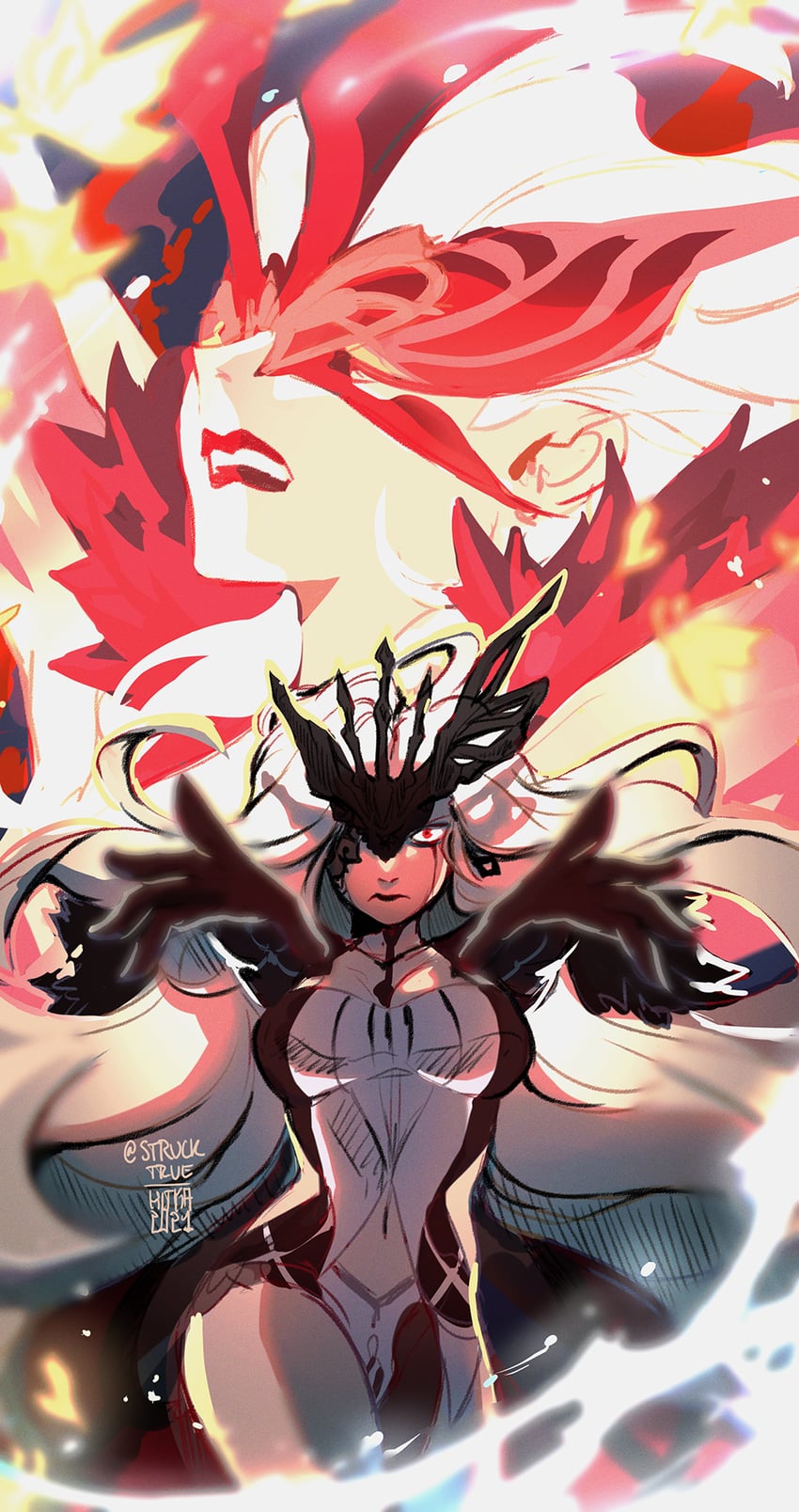 crimson lotus moth and signora (genshin impact) drawn by kitkaloid