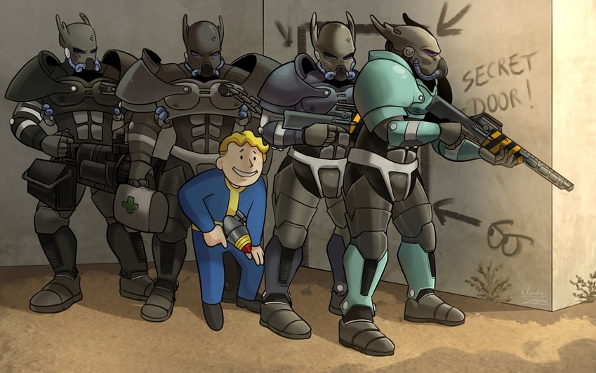 vault boy and brotherhood of steel paladin (fallout and 1 more) drawn by cloudissleeping