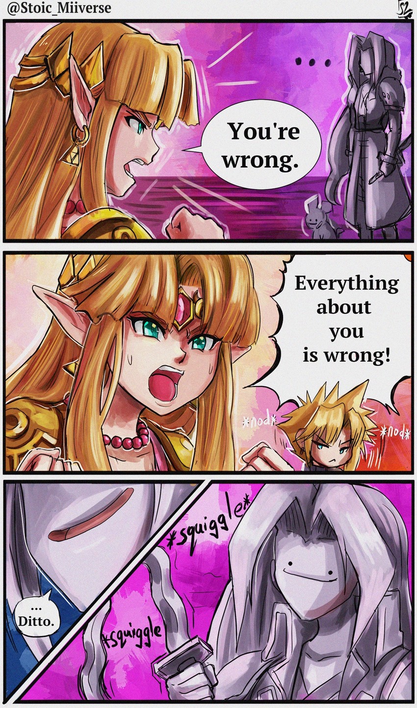 princess zelda, cloud strife, sephiroth, pichu, ditto, and 1 more (pokemon and 5 more) drawn by stoic_seraphim