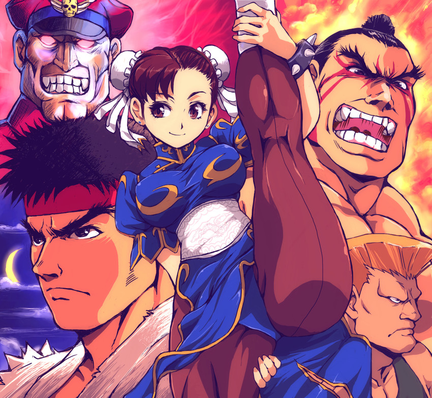 chun-li, ryu, m. bison, guile, and e. honda (street fighter) drawn by kamisimo_90