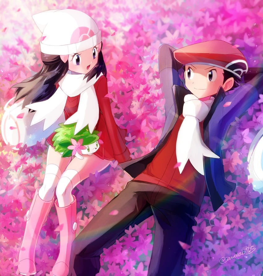 dawn, lucas, and shaymin (pokemon and 2 more) drawn by sawarabi_(sawarabi725)