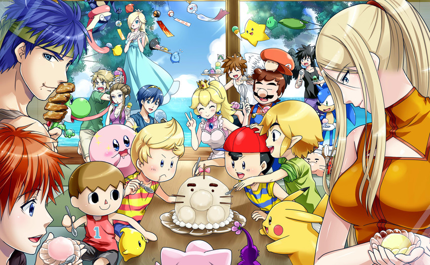 link, pikachu, princess zelda, kirby, princess peach, and 23 more (pokemon and 22 more) drawn by yuino_(fancy_party)
