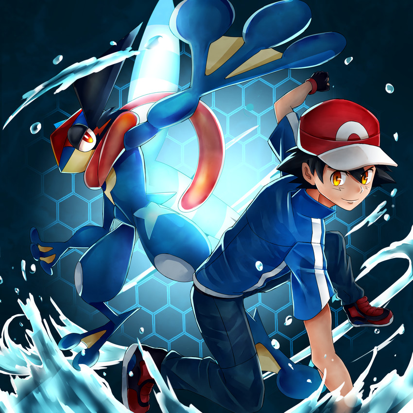 ash ketchum, greninja, and ash-greninja (pokemon) drawn by bucchii_z