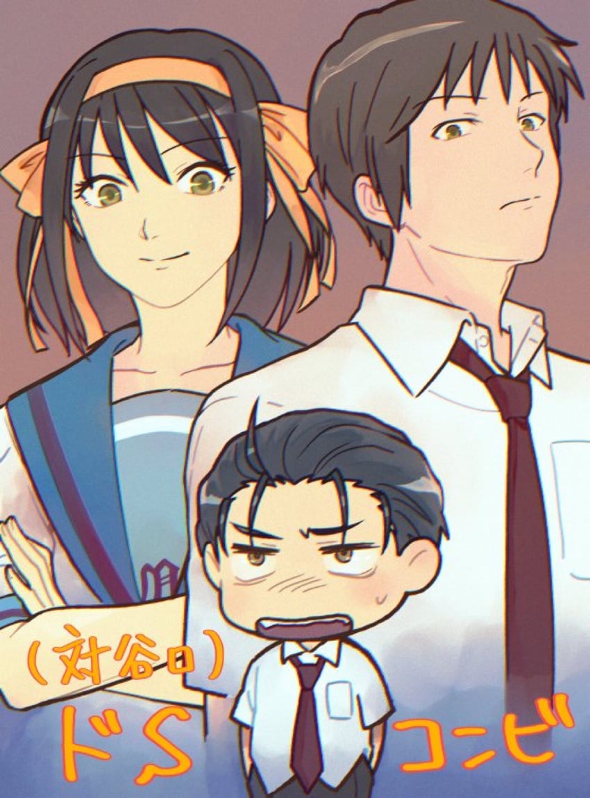 suzumiya haruhi, kyon, and taniguchi (suzumiya haruhi no yuuutsu) drawn by ktkagiaka
