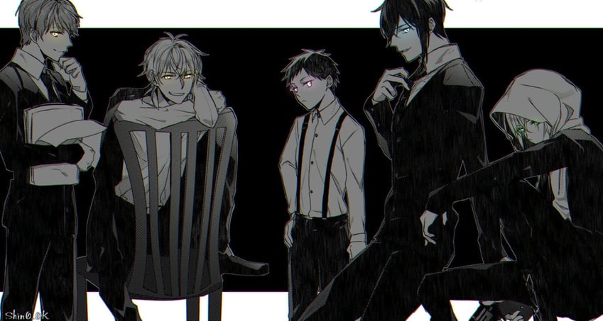 mikazuki munechika, tsurumaru kuninaga, ichigo hitofuri, yamanbagiri kunihiro, and atsushi toushirou (touken ranbu) drawn by sasasaki