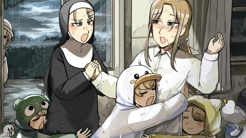 clumsy nun, froggy nun, spicy nun, strict nun, smug nun, and 1 more (little nuns) drawn by diva_(hyxpk)