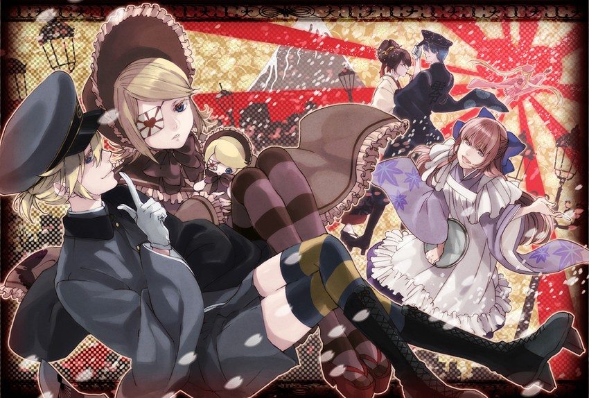 hatsune miku, kagamine rin, kagamine len, megurine luka, kaito, and 1 more (vocaloid and 1 more) drawn by kunieda_(miniaturegarden)