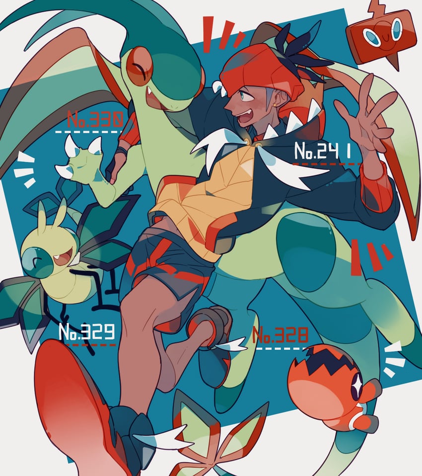rotom, raihan, rotom phone, flygon, trapinch, and 1 more (pokemon and 1 more) drawn by saku_anna