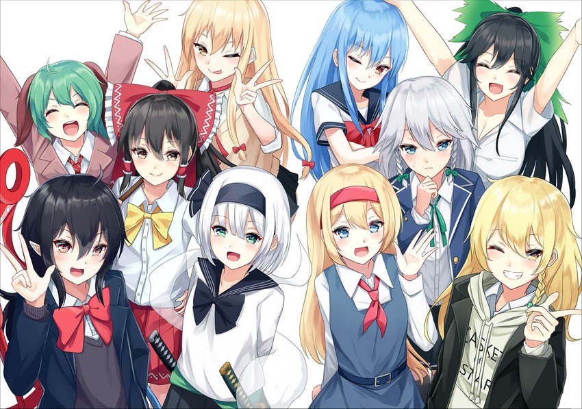hakurei reimu, kirisame marisa, izayoi sakuya, konpaku youmu, alice margatroid, and 5 more (touhou) drawn by igayan