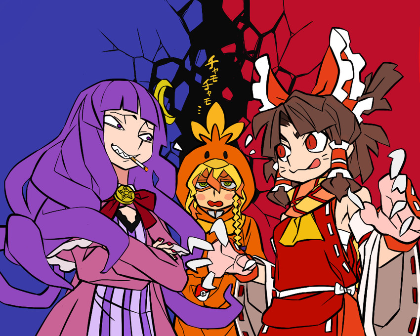 hakurei reimu, kirisame marisa, patchouli knowledge, torchic, benikurage, and 2 more (touhou and 2 more) drawn by scotch_(cookie)