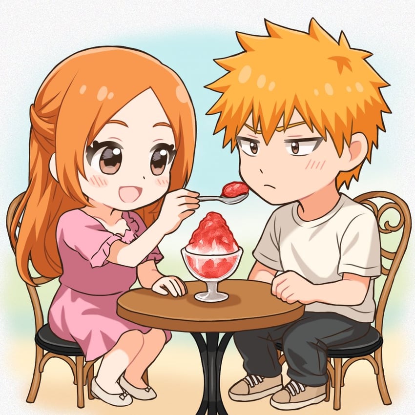 inoue orihime and kurosaki ichigo (bleach) drawn by b_eaka