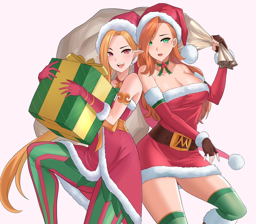 jinx, miss fortune, ambitious elf jinx, and candy cane miss fortune (league of legends) drawn by azuran0
