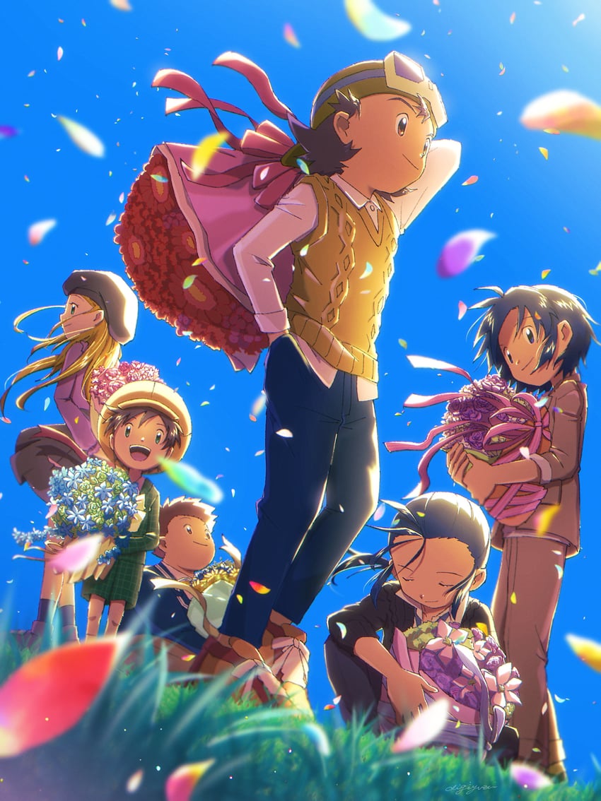 orimoto izumi, kanbara takuya, minamoto kouji, kimura kouichi, himi tomoki, and 1 more (digimon and 1 more) drawn by kato_(digiyuzu)