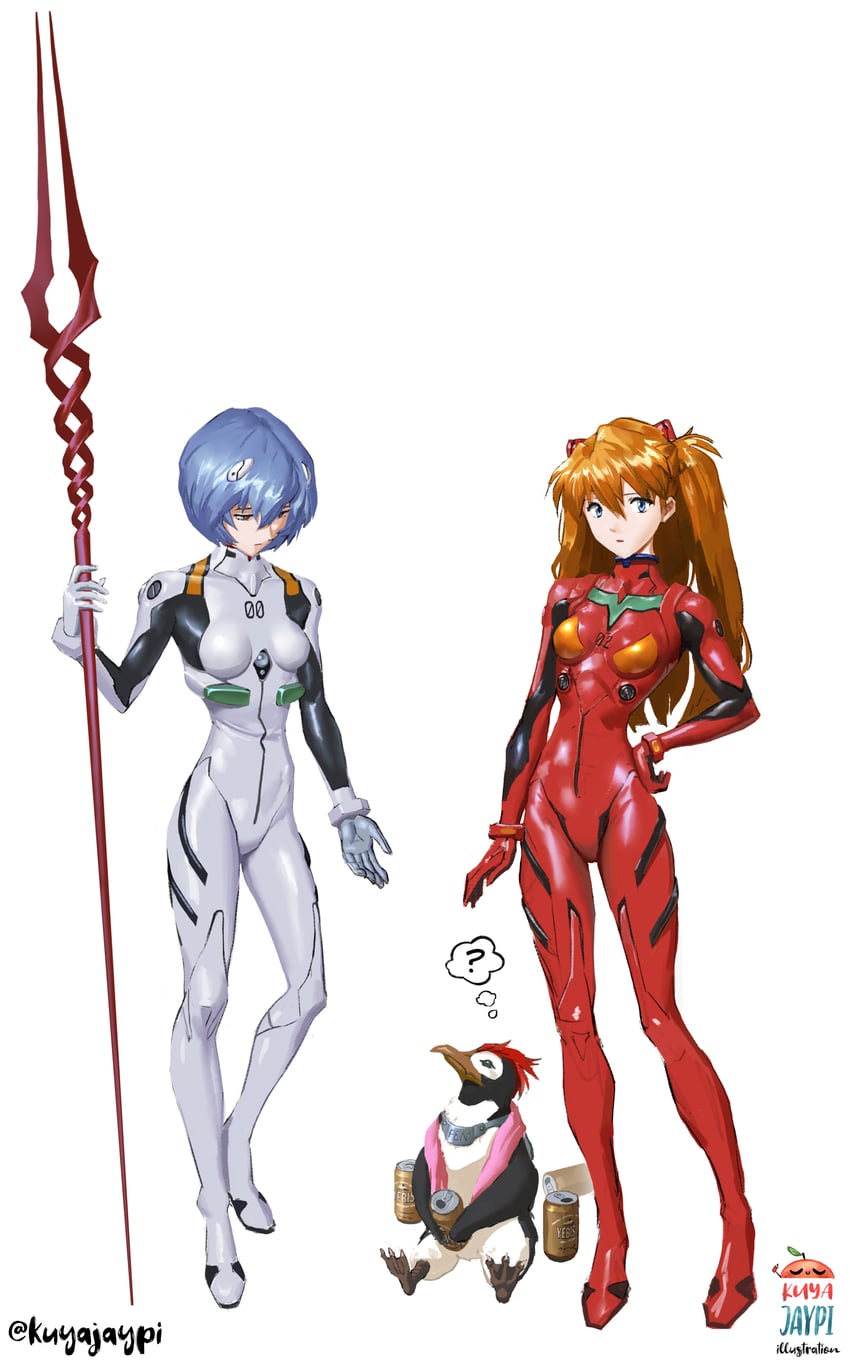 souryuu asuka langley, ayanami rei, and penpen (neon genesis evangelion) drawn by kuya_jaypi