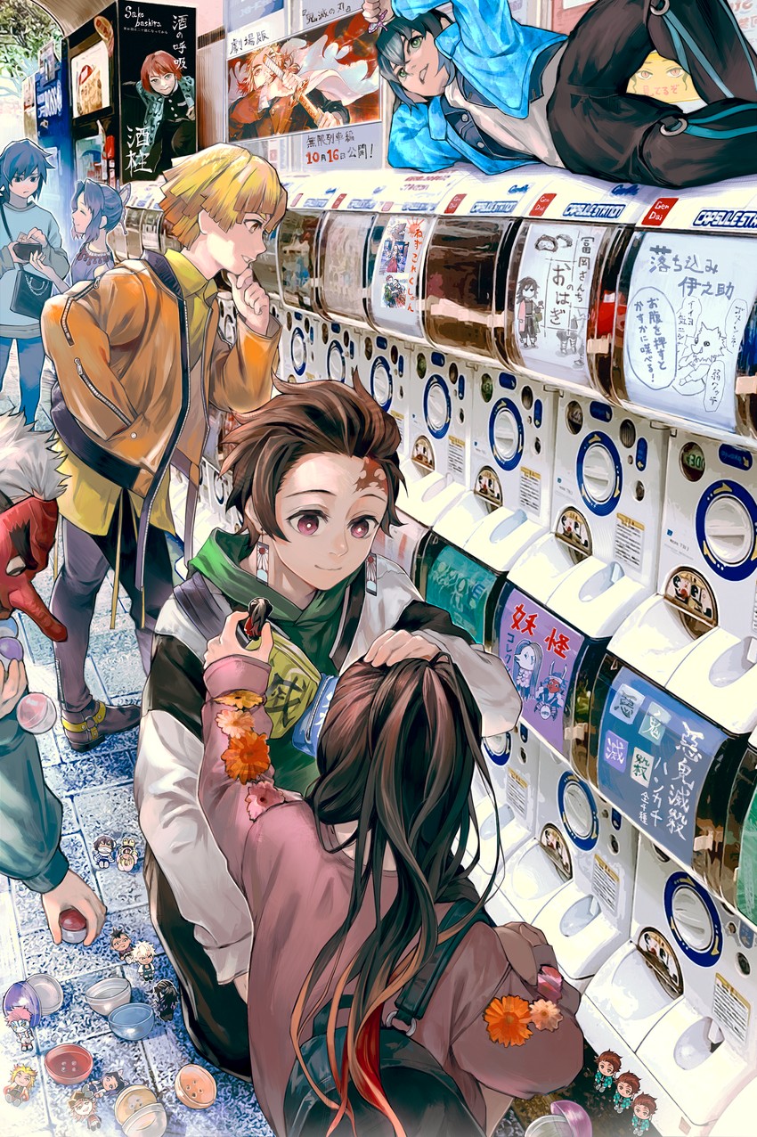 kamado nezuko, kochou shinobu, kamado tanjirou, tomioka giyuu, agatsuma zenitsu, and 2 more (kimetsu no yaiba) drawn by kyuuba_melo