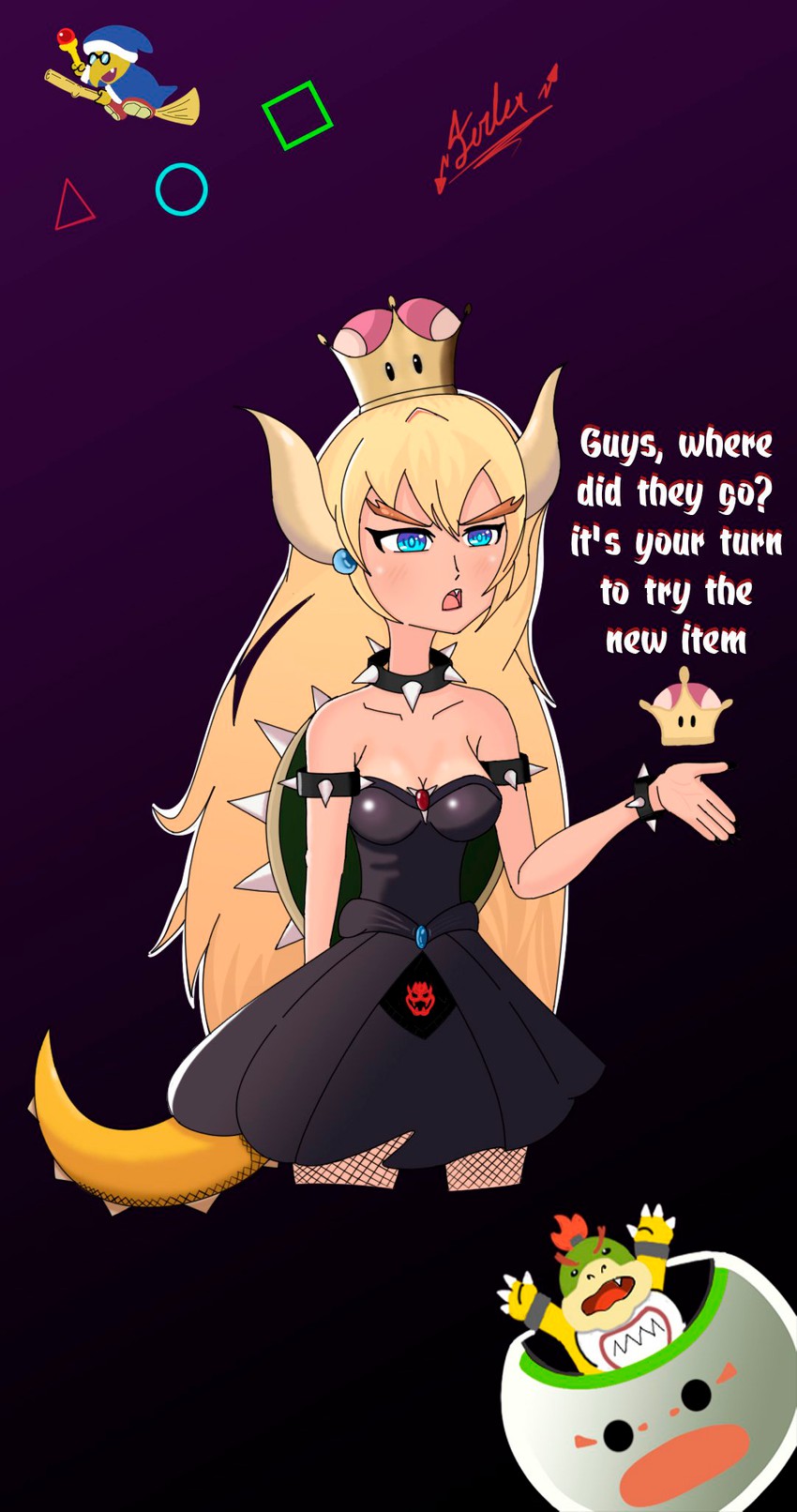 bowsette, bowser jr., koopa clown car, and magikoopa (mario and 1 more) drawn by laceysx