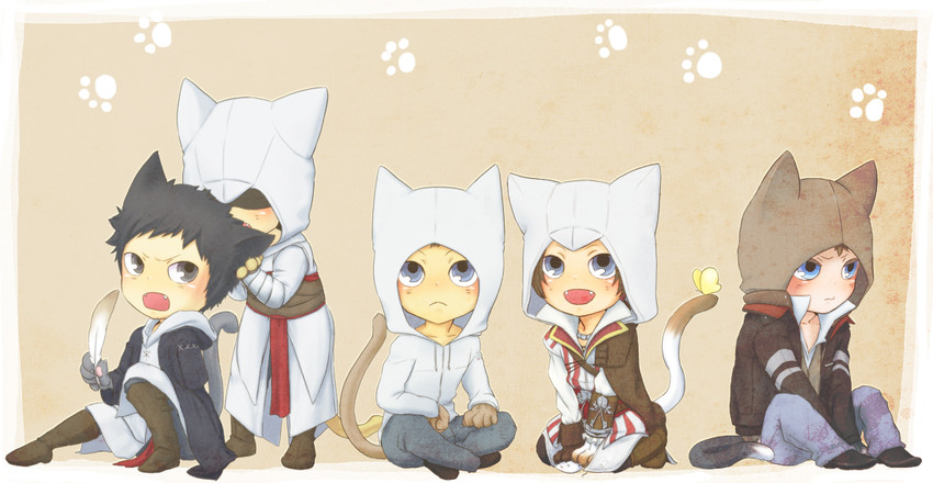 ezio auditore da firenze, altair ibn la-ahad, alex mercer, desmond miles, and malik al-sayf (assassin's creed ii and 2 more) drawn by mujina_(hook)