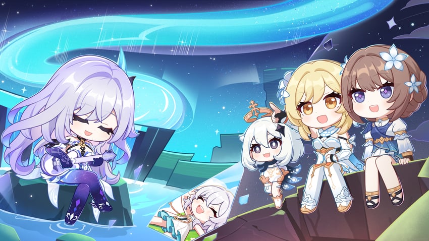 lumine, paimon, skirk, and direidyth (genshin impact) drawn by jiu_fanglianhua