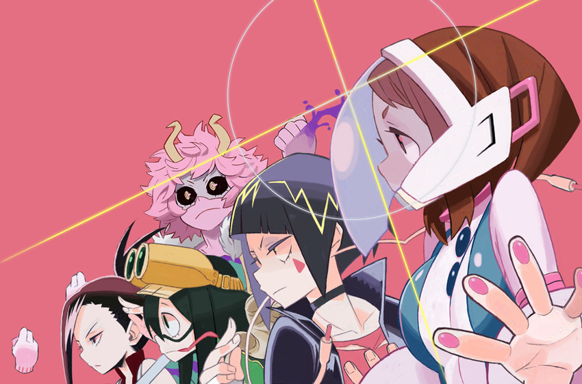 uraraka ochaco, asui tsuyu, yaoyorozu momo, ashido mina, jiro kyoka, and 1 more (boku no hero academia) drawn by yuuki_(irodo_rhythm)