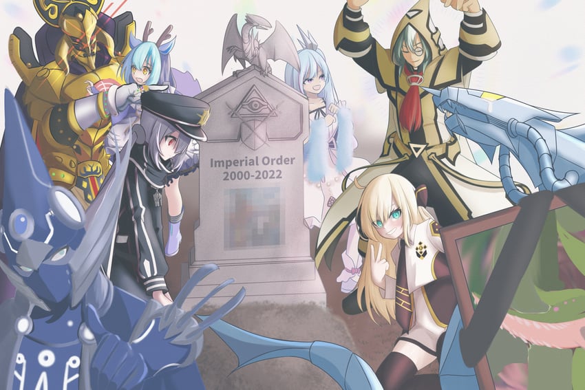 laundry dragonmaid, sky striker ace - raye, sky striker ace - roze, blue-eyes white dragon, rilliona, and 9 more (yu-gi-oh! and 3 more) drawn by death5034