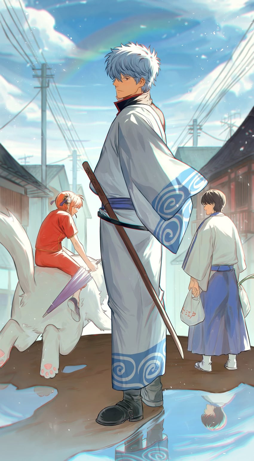 sakata gintoki, kagura, shimura shinpachi, and sadaharu (gintama) drawn by kusuri