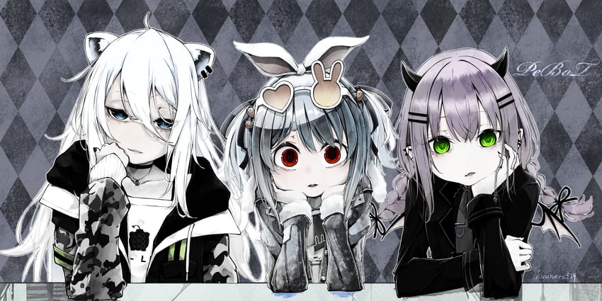 usada pekora, tokoyami towa, and shishiro botan (hololive) drawn by kuuneru514