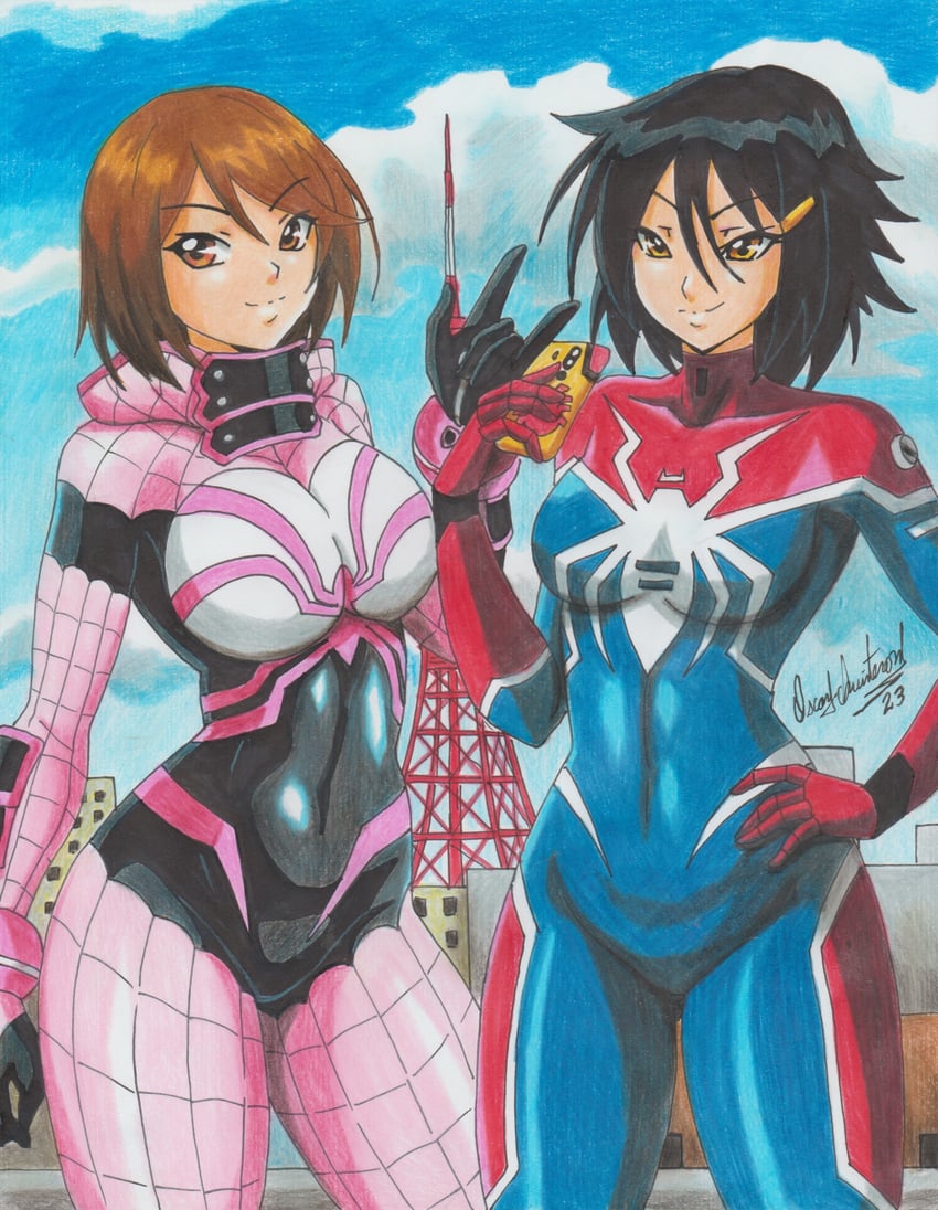 peni parker, sakura spider, and hida haruka (marvel and 4 more) drawn by ravernclouk