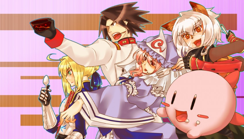 artoria pendragon, saigyouji yuyuko, saber, kirby, and akatsuki (touhou and 7 more) drawn by tobi_(discharge_cycle)