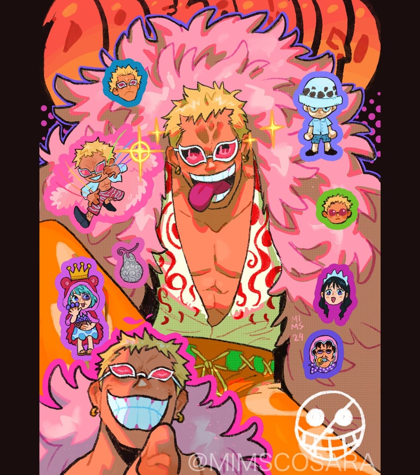 trafalgar law, donquixote doflamingo, baby 5, sugar, and senor pink (one piece) drawn by mimscosara