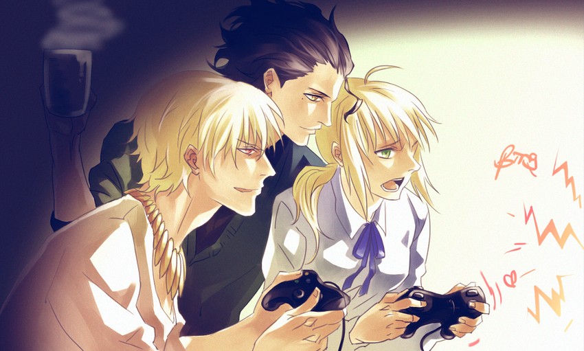 artoria pendragon, saber, diarmuid ua duibhne, and gilgamesh (fate and 1 more) drawn by sodawhite
