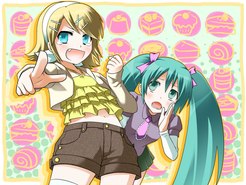 hatsune miku and kagamine rin (vocaloid) drawn by motisako_(artist)