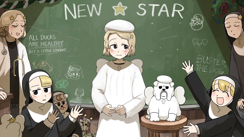 clumsy nun, froggy nun, spicy nun, star nun, little star girl, and 1 more (little nuns) drawn by diva_(hyxpk)