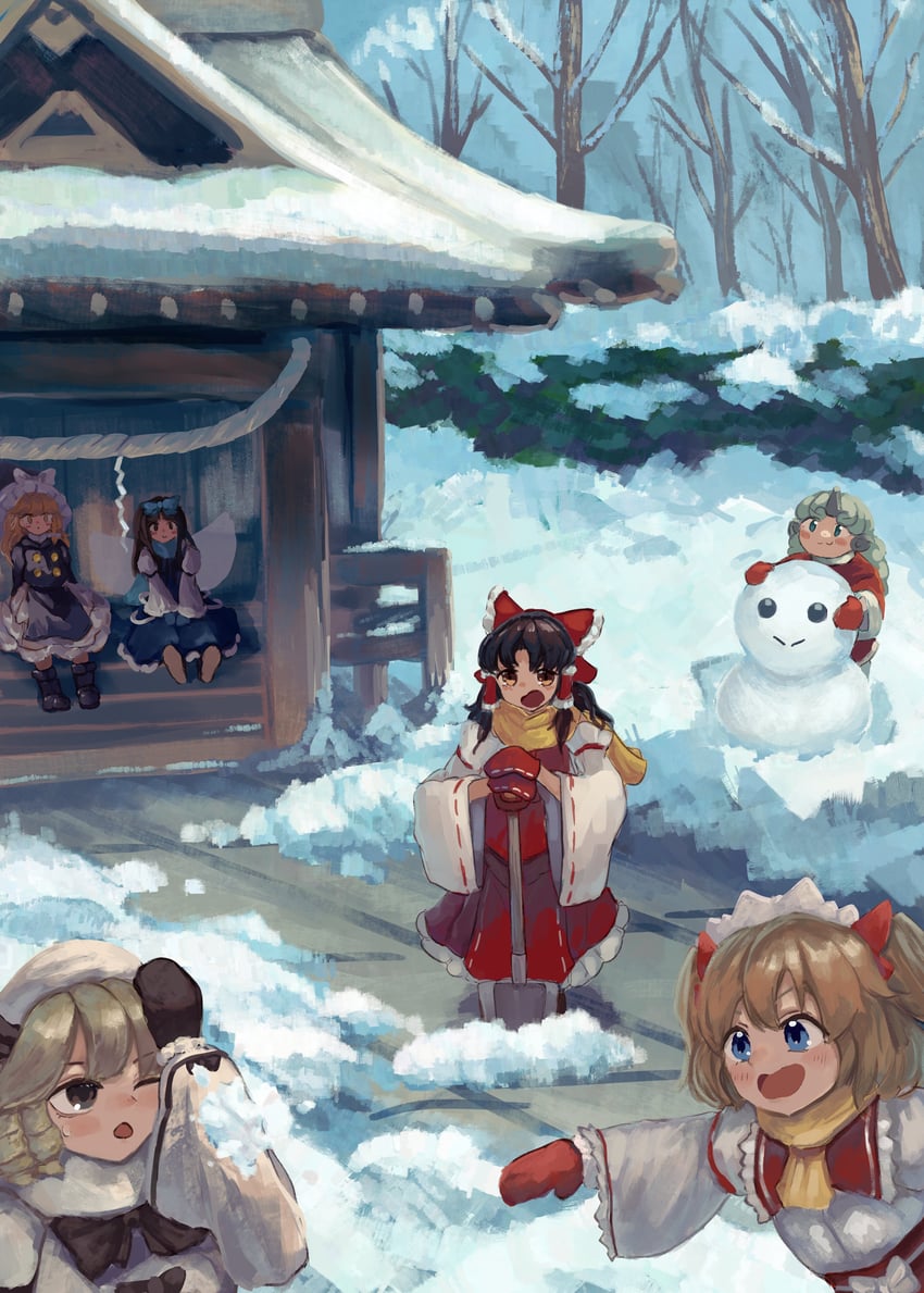 hakurei reimu, kirisame marisa, star sapphire, luna child, sunny milk, and 1 more (touhou) drawn by nanaironokabi